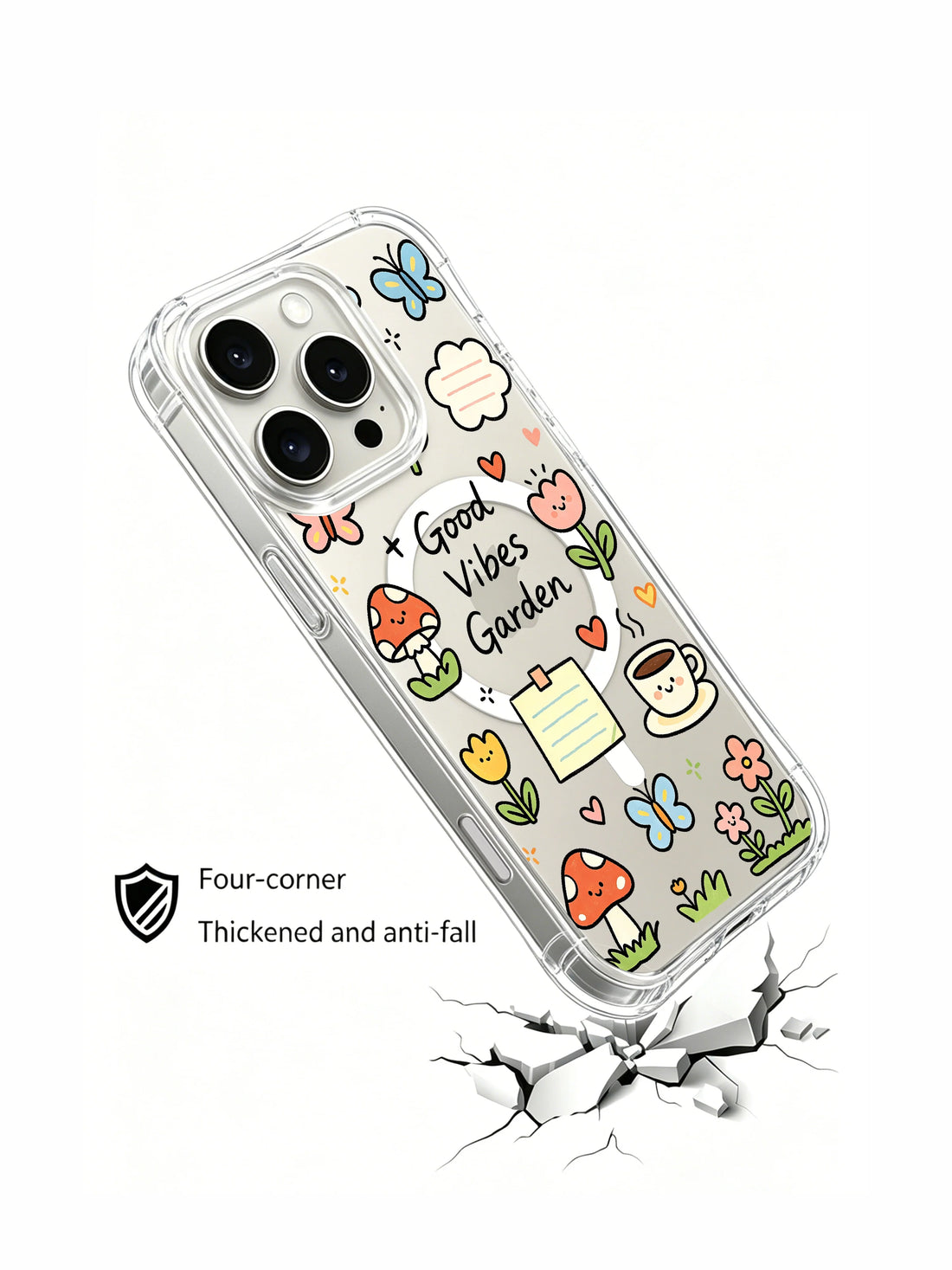 Cottagecore doodle iPhone 16 Pro Max Case with smiling flowers and garden icons