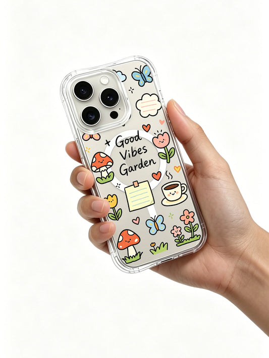 Aesthetic Good Vibes iPhone 16 Pro Max Case with colorful hand drawn stickers