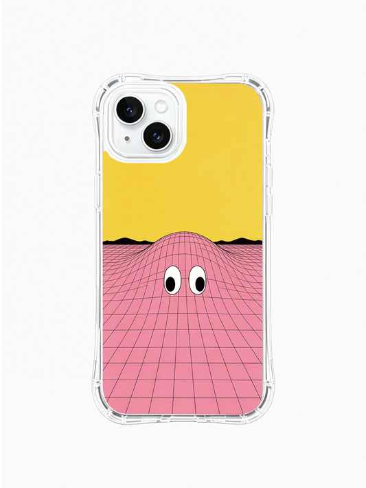 Clear iPhone 15 Plus case with a bright yellow sky above a pink grid landscape and two cartoon eyes