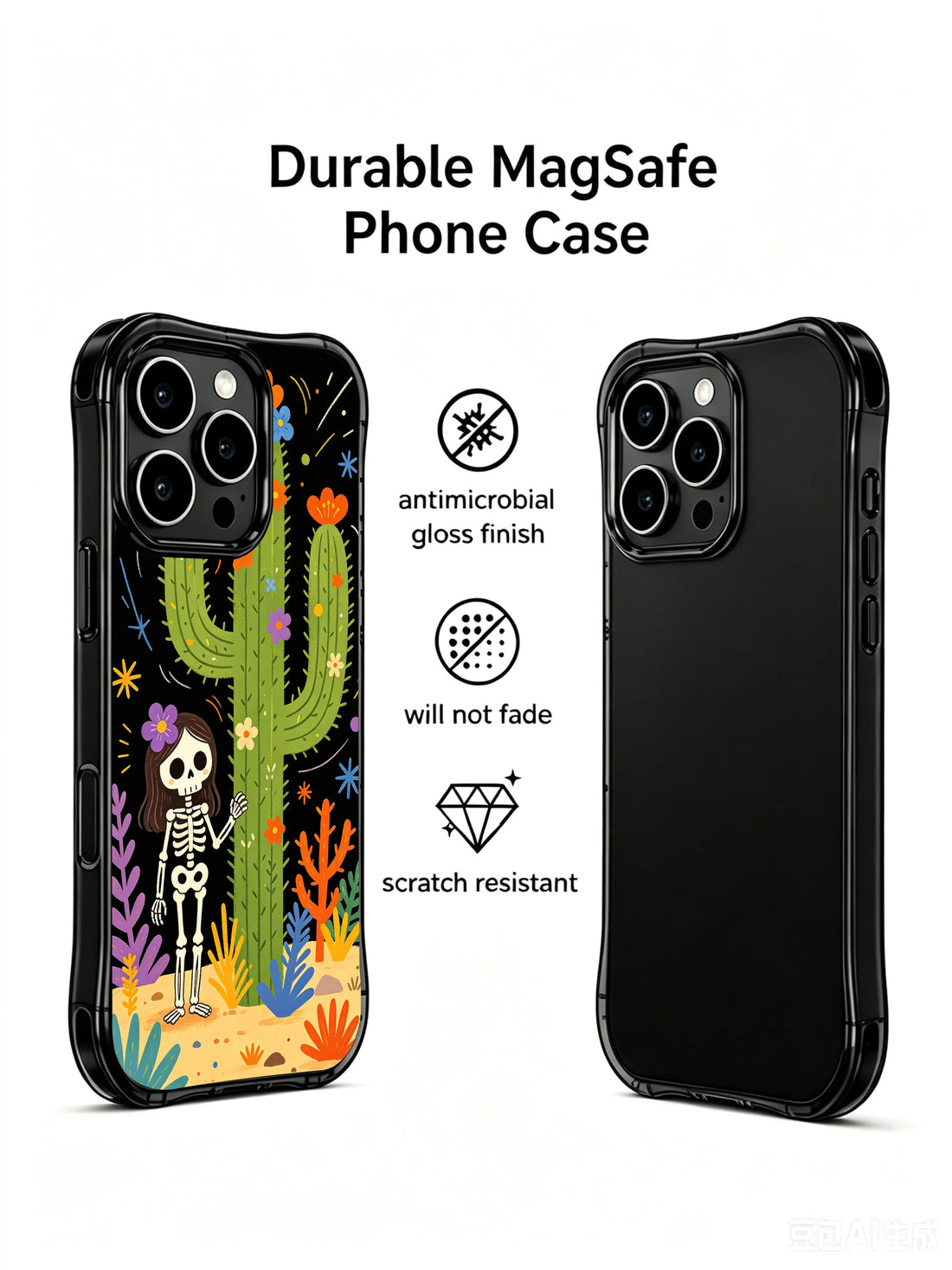 Desert floral iPhone 16 Pro Max Case with skeleton girl cactus design