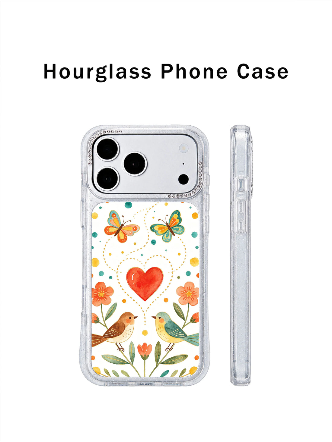 Cottagecore iPhone 17 Pro Case with floral butterfly art and red heart garden trail