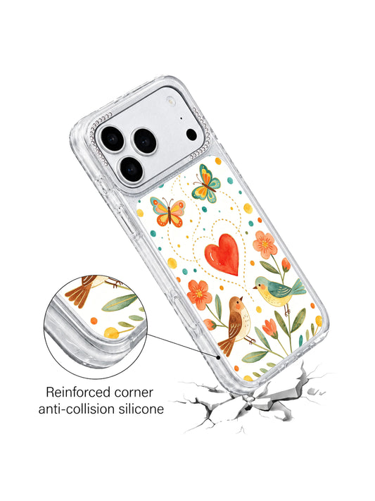 Love iPhone 17 Pro Case with red heart butterfly trail, birds, and floral folk art