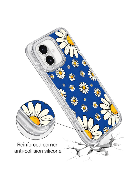 Summer floral iPhone 17 Case with big daisies, blue meadow color, and bright garden mood