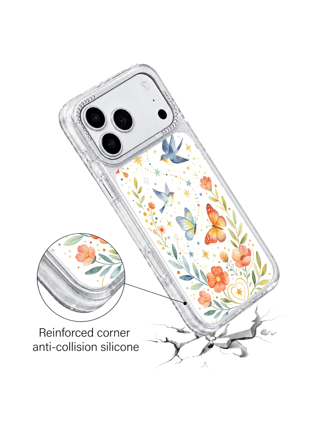 Aesthetic butterfly iPhone 17 Pro Case with soft garden illustration
