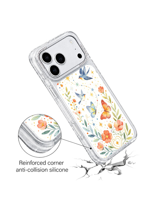 Aesthetic butterfly iPhone 17 Pro Case with soft garden illustration