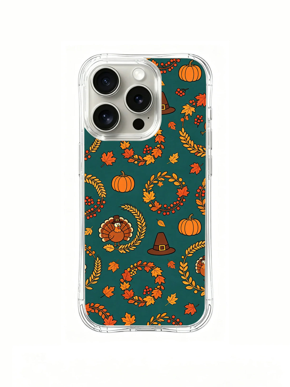 Clear iPhone 14 Pro case with repeating orange pumpkins, turkeys, pilgrim hats, autumn leaves, wheat, and harvest wreaths on deep teal
