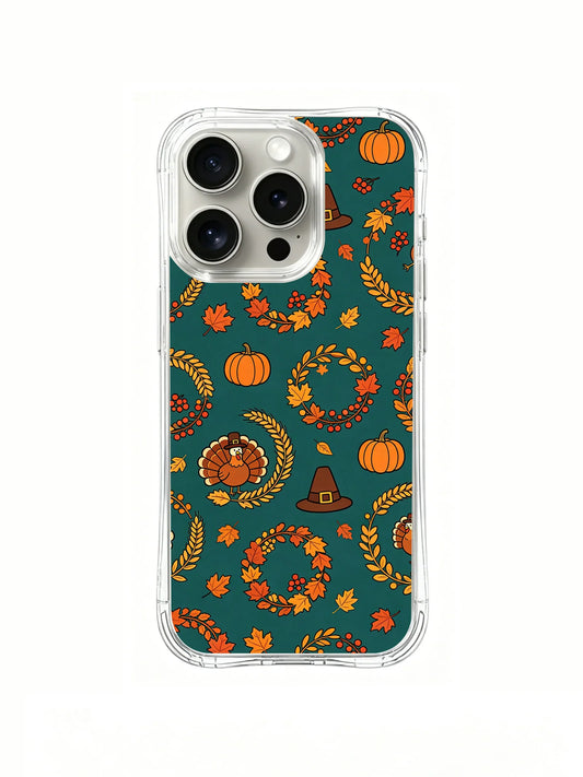 Clear iPhone 14 Pro case with repeating orange pumpkins, turkeys, pilgrim hats, autumn leaves, wheat, and harvest wreaths on deep teal
