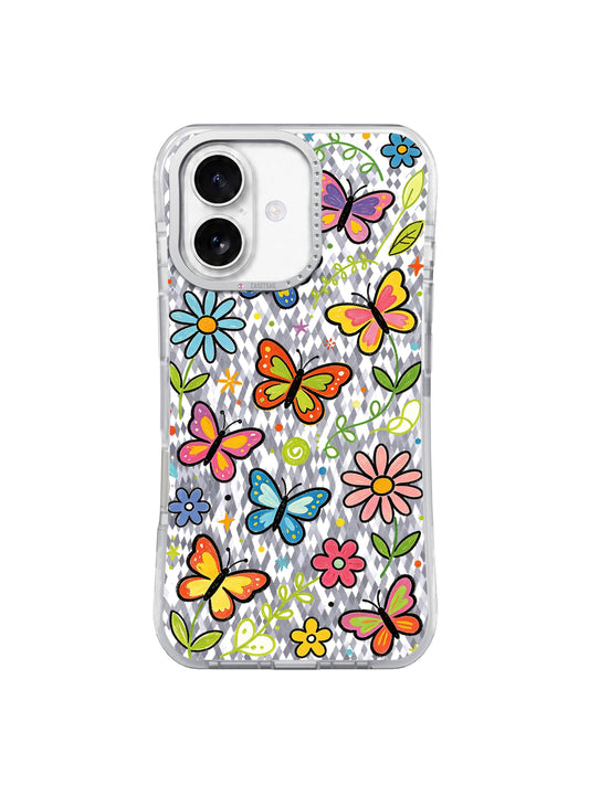 Clear iPhone 17 case with rainbow butterflies, blue, pink, and yellow flowers, green leaves, and small hearts