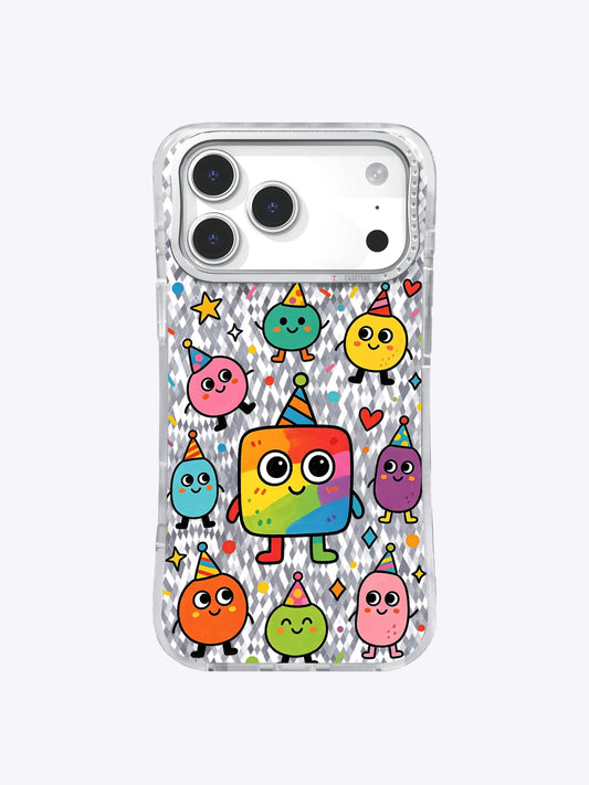 Colorful square and round cartoon monsters on a clear iPhone 17 Pro Max case.