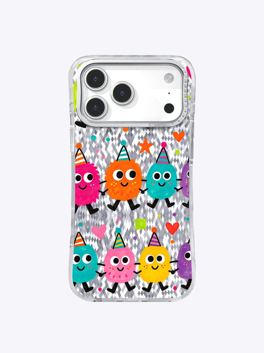 Clear iPhone 17 Pro Max case with a colorful parade of party-hat monsters