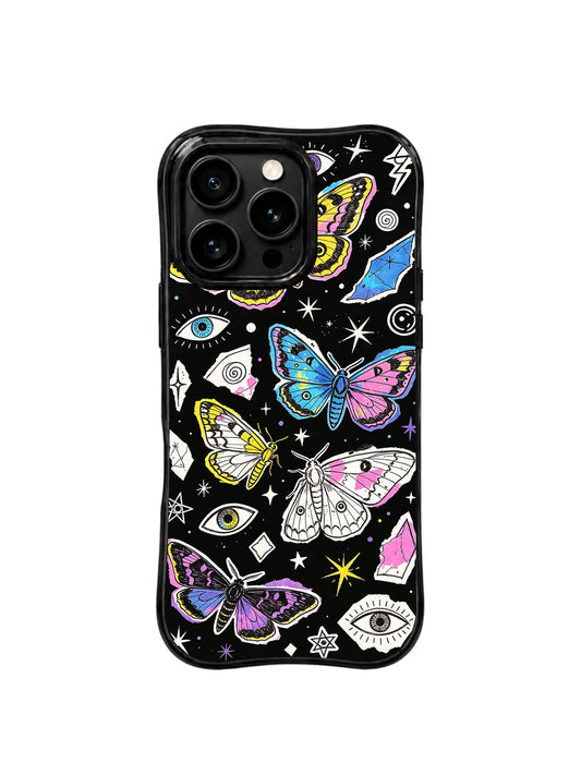 Colorful moths, eyes, stars, and mystical symbols on a black iPhone 15 Pro case.