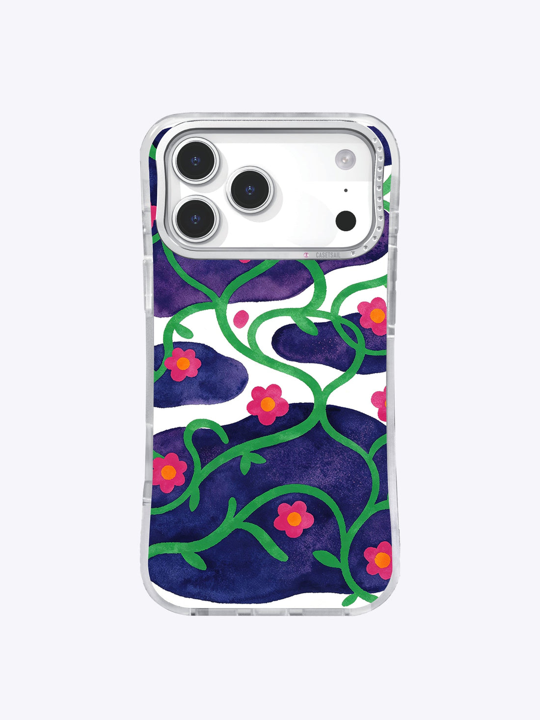 Clear iPhone 17 Pro Max case with winding green vines, pink flowers, white curves, and dark navy fields