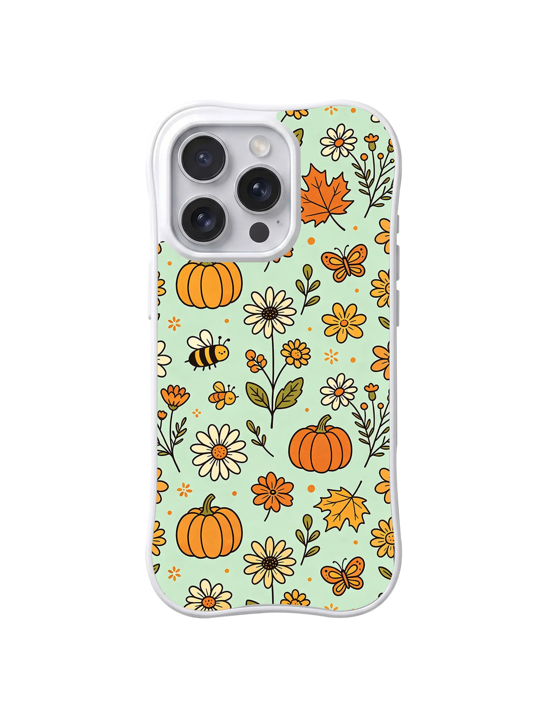 Clear iPhone case with small bees, butterflies, pumpkins, daisies, orange flowers, and autumn leaves