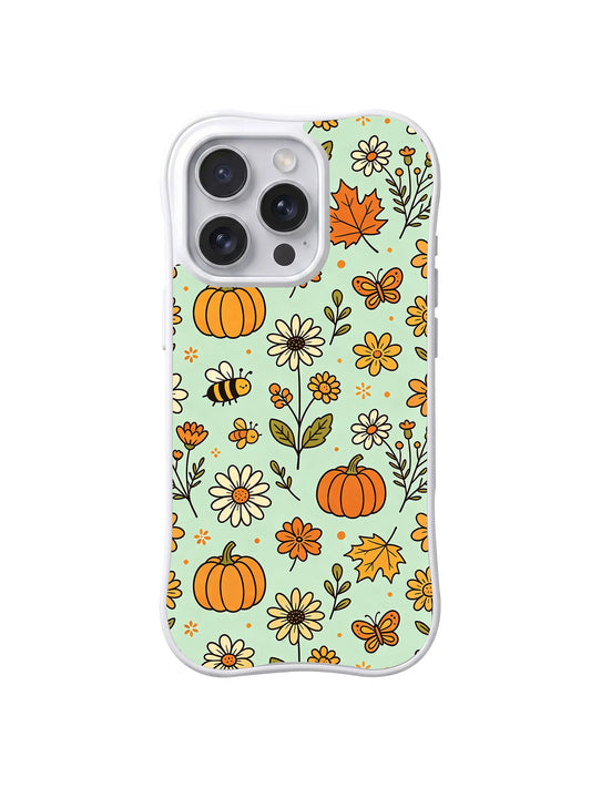 Clear iPhone case with small bees, butterflies, pumpkins, daisies, orange flowers, and autumn leaves