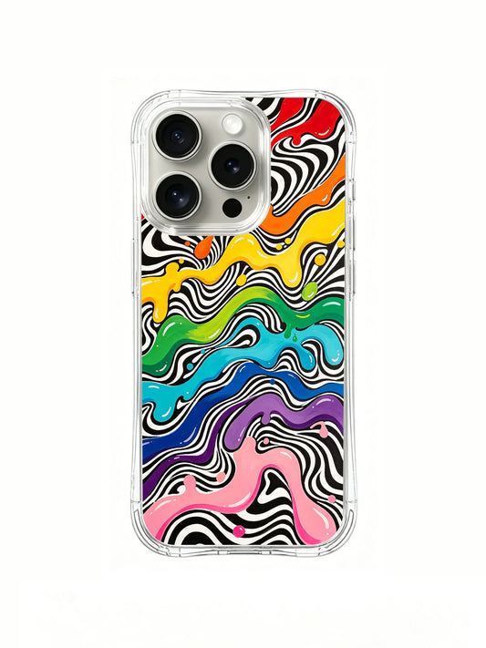 Clear iPhone 16 Pro Max case with red, yellow, green, blue, purple, and pink wavy bands over black-and-white contours
