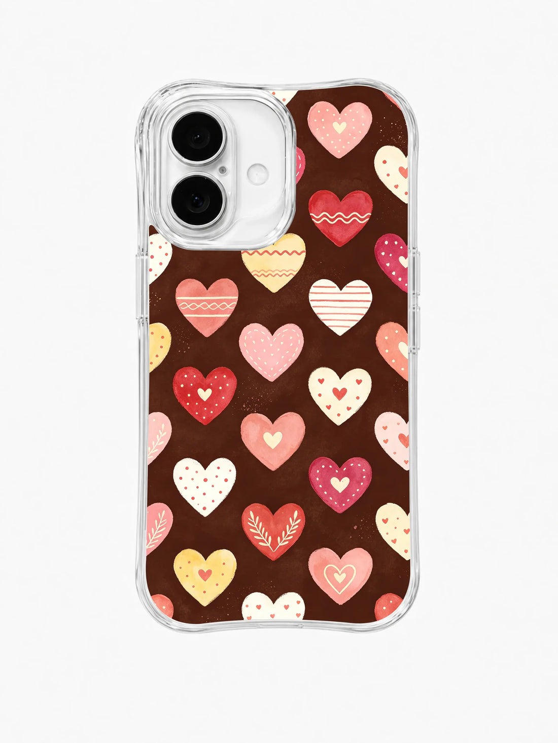 Clear iPhone 16 Plus case with small pink, red, peach, cream, and gold hearts in striped, dotted, and solid patterns on brown