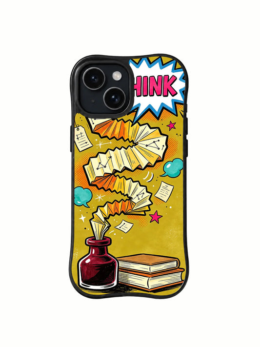 Comic-style THINK burst, flying pages, ink bottle, and stacked books on an iPhone 13 case.