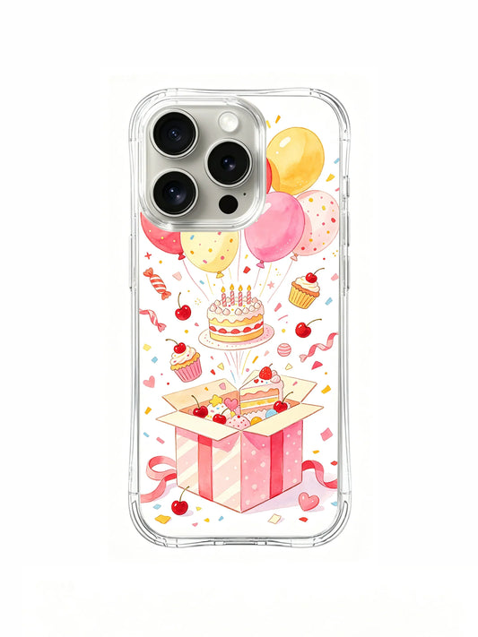 Clear iPhone 15 Pro Max case with pastel balloons, a birthday cake, cupcakes, confetti, and a pink gift box