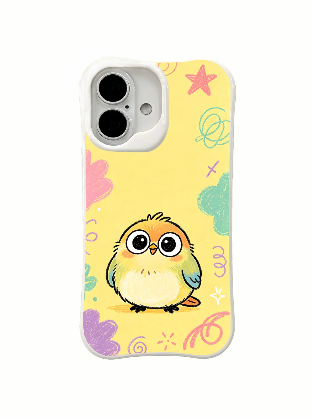 Yellow phone case with a round wide-eyed bird, pastel shapes, a star, and colorful squiggles