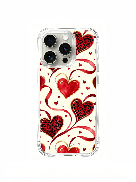 Red leopard-print hearts and curling ribbons on a clear iPhone 16 Pro case.