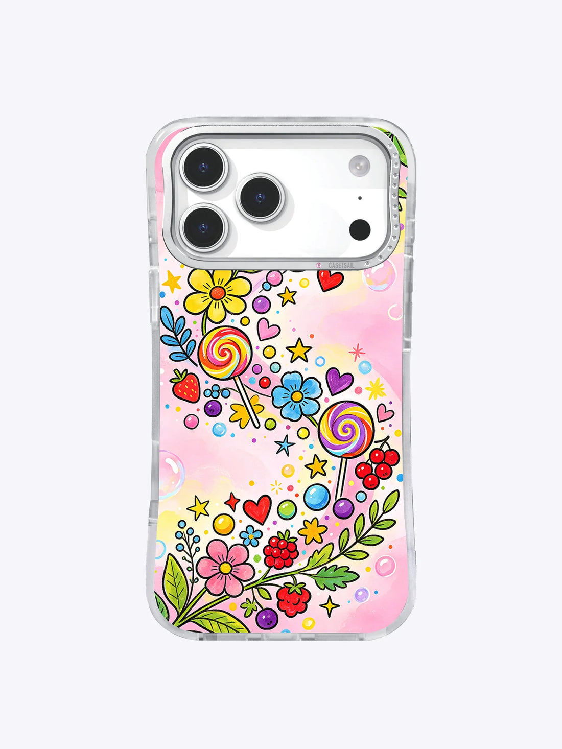 Clear iPhone 17 Pro Max case with colorful spiral lollipops, flowers, hearts, stars, berries, and leafy stems on pink