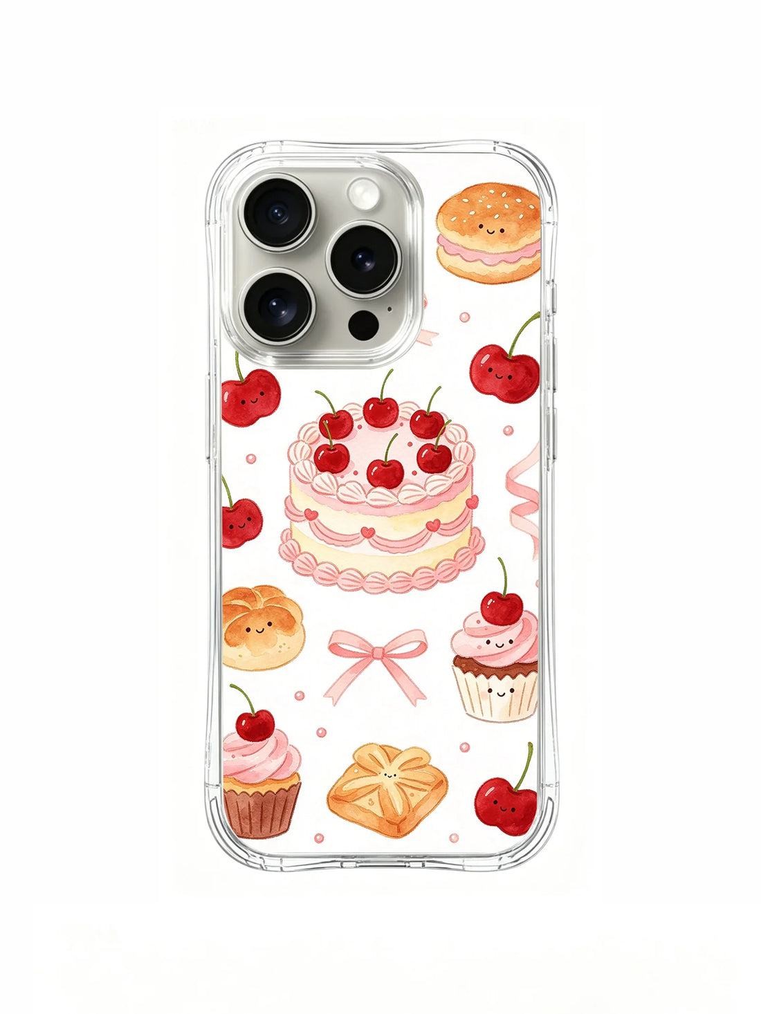 Clear iPhone case with pink cake, cherries, cupcakes, pastries, and bow illustrations