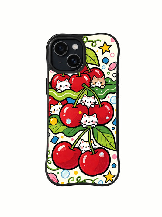 Black-edged iPhone 15 case with oversized red cherries, tiny white kittens, green wavy bands, leaves, stars, and colorful dots