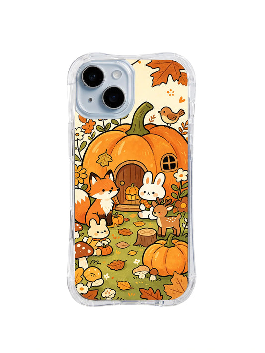 Woodland animals gathered around a pumpkin cottage on an iPhone 14 case.