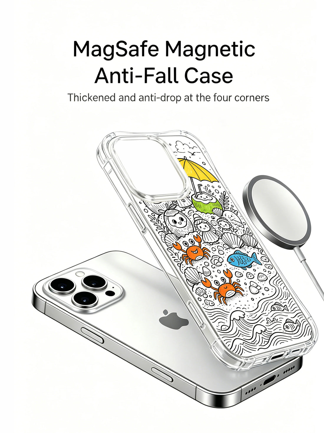 Crab coconut iPhone 15 Pro Case with beach doodle artwork