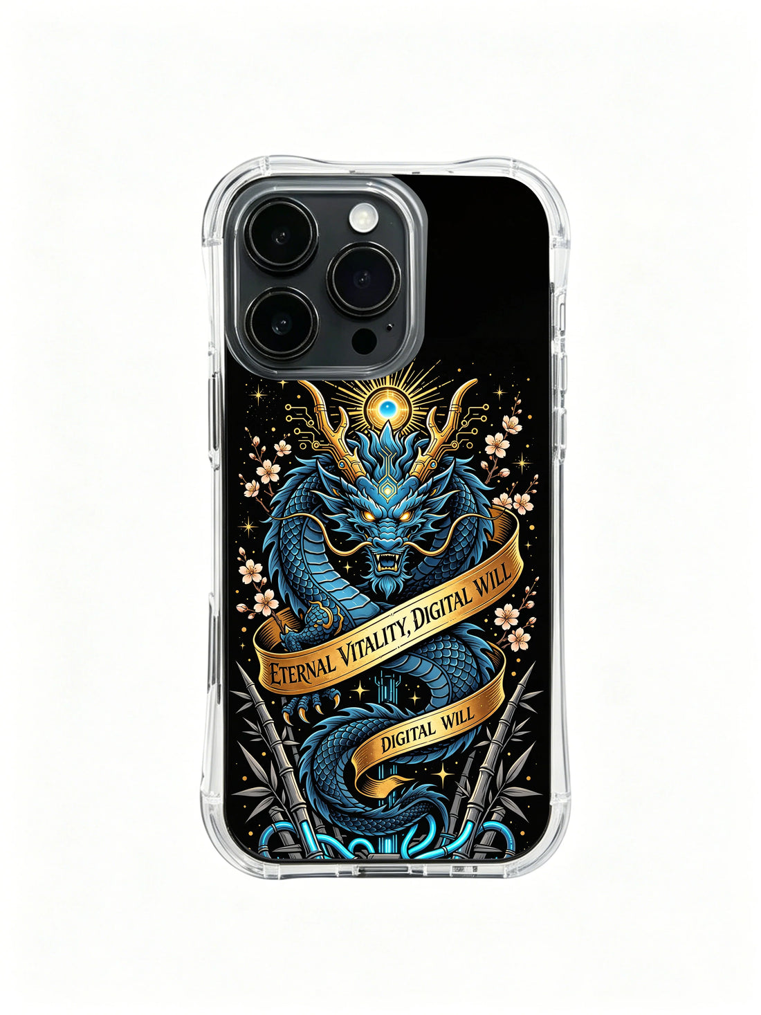 Azure dragon iPhone 14 Case with fluid blue line art