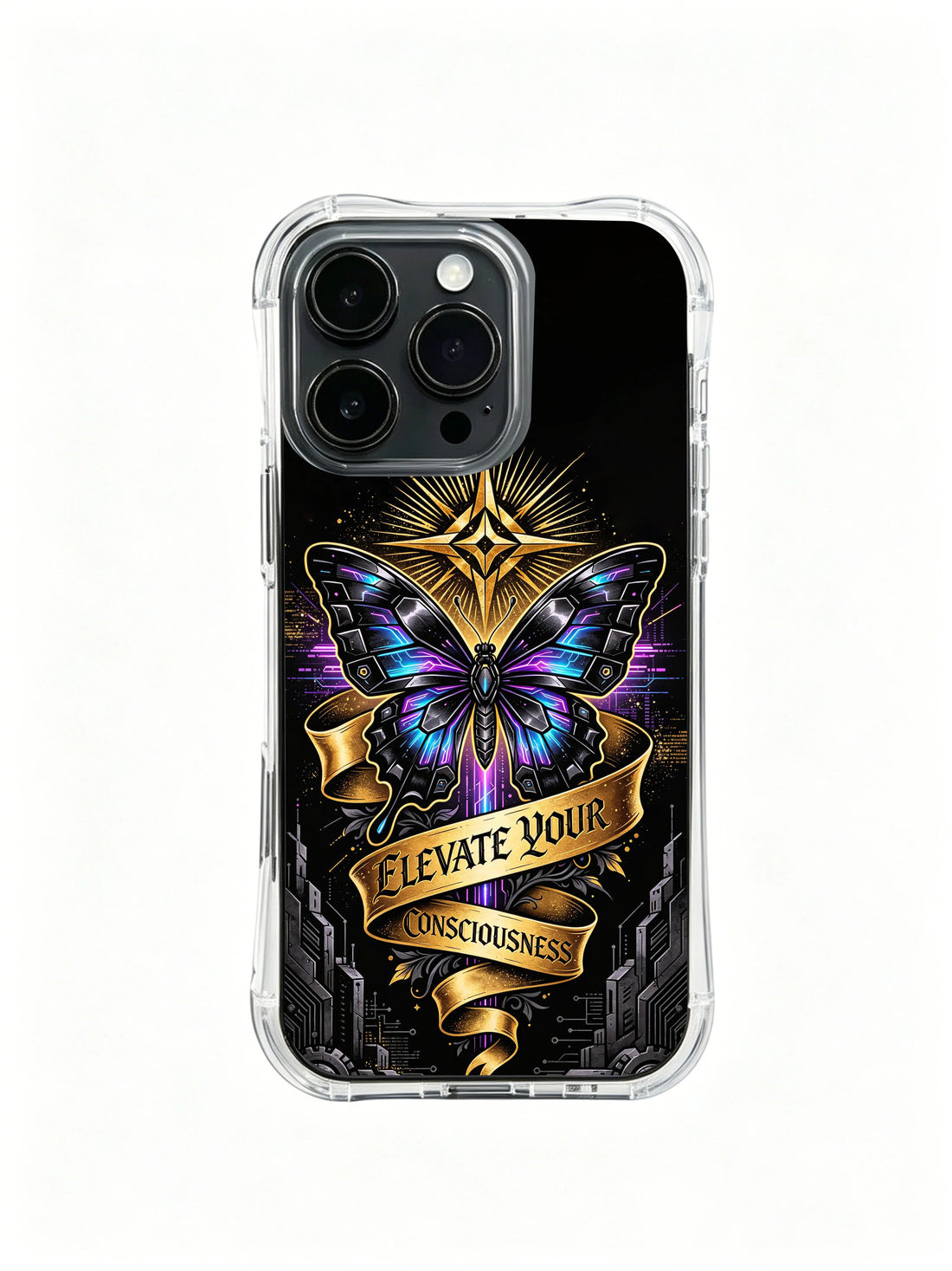 Neon butterfly iPhone 14 Case with dark blue art