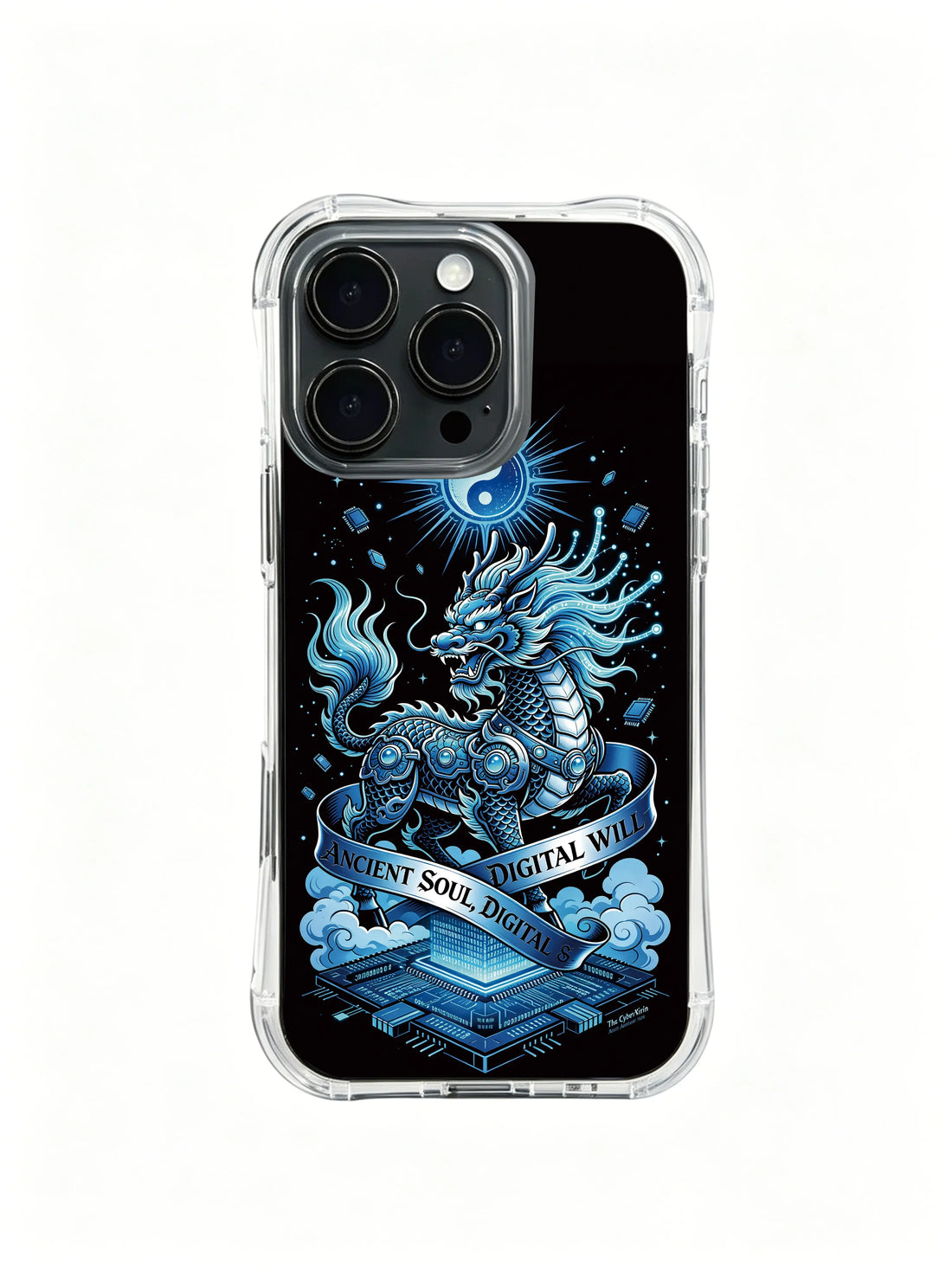 Binary cloud iPhone 14 Case with blue mythic creature artwork
