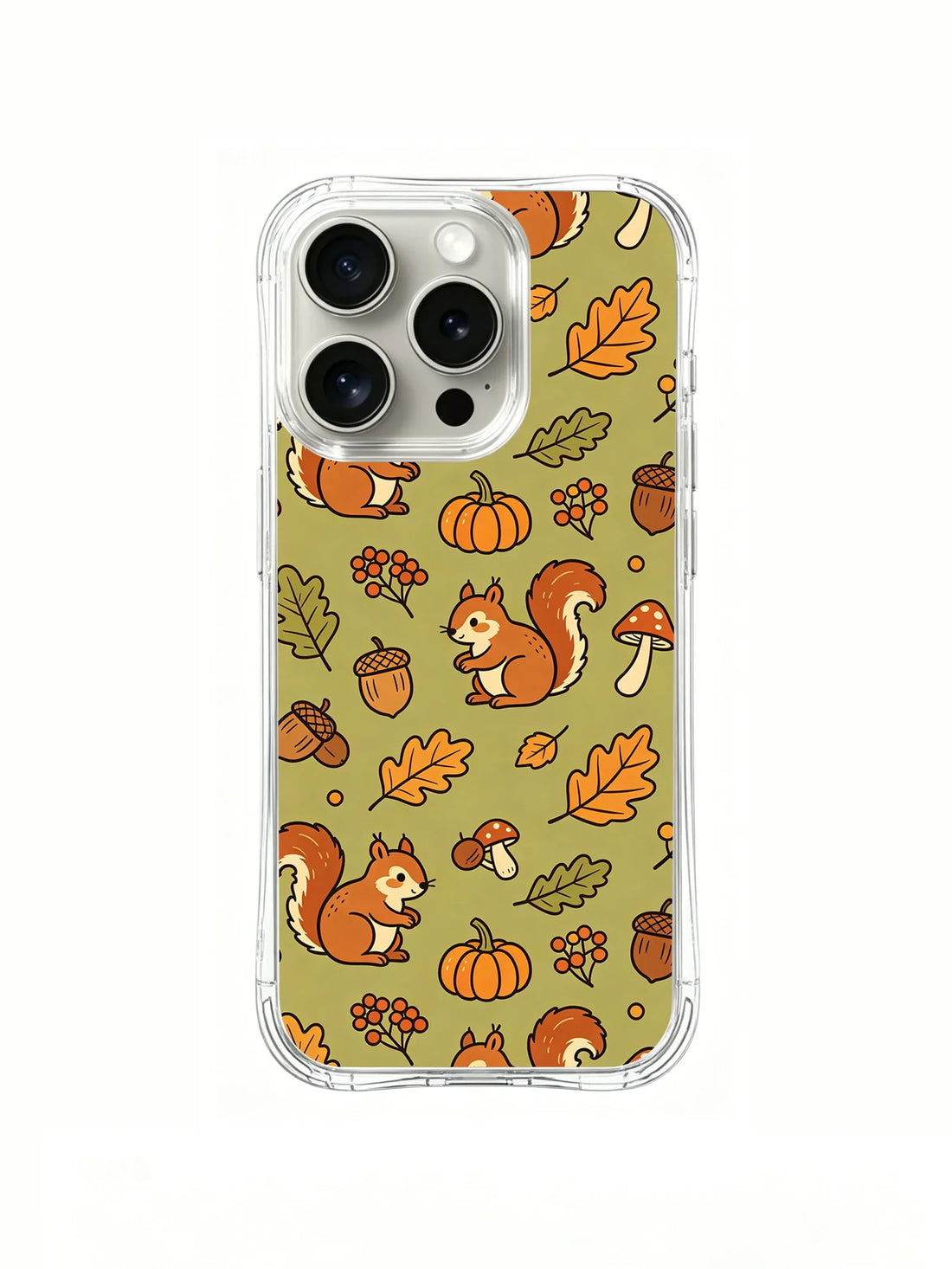 Squirrels, acorns, pumpkins, mushrooms, and autumn leaves on an iPhone 14 Pro case.