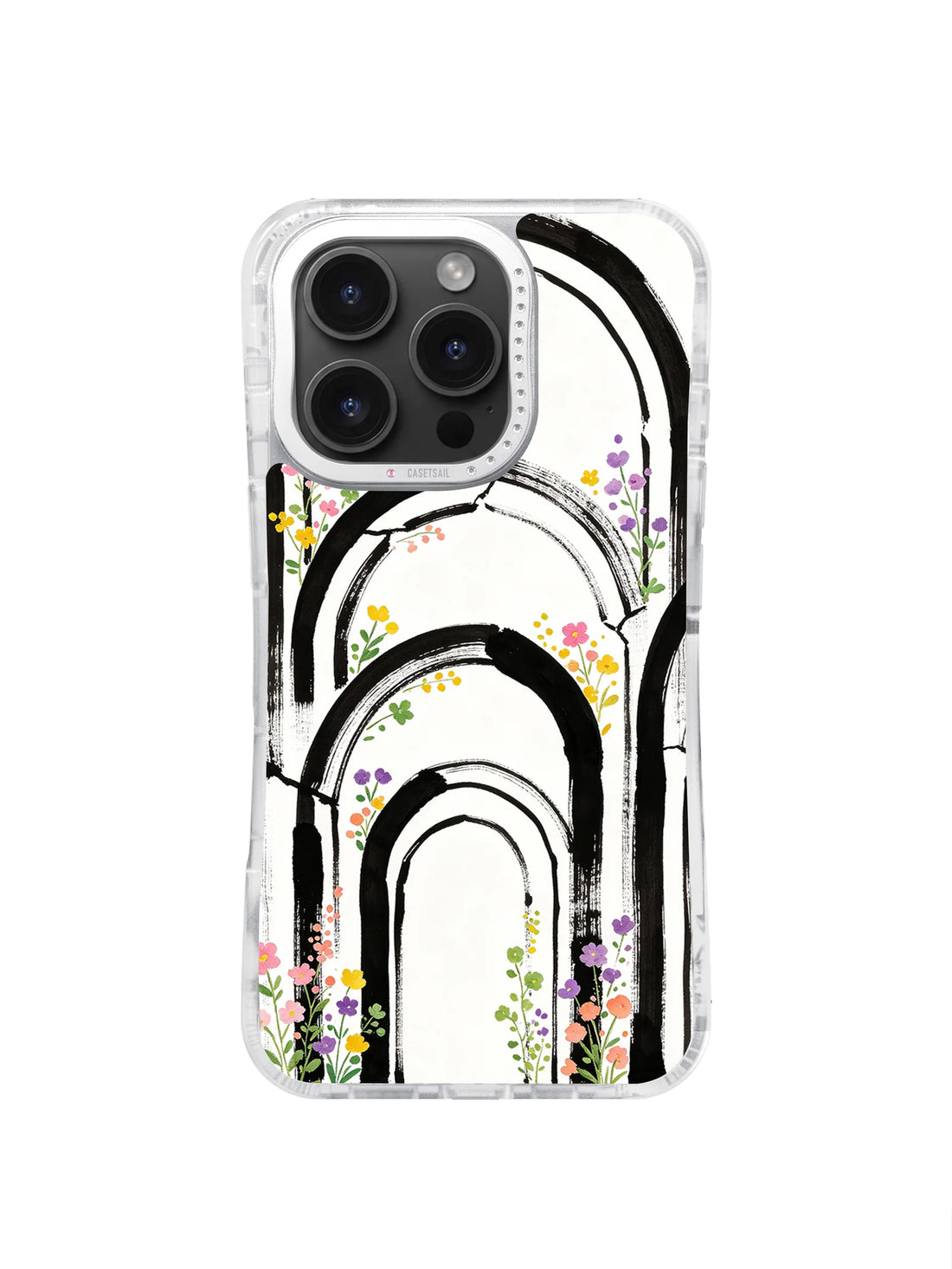Emotional Rainbow Architecture iPhone 16 Pro Max case with black arches and colorful wildflowers