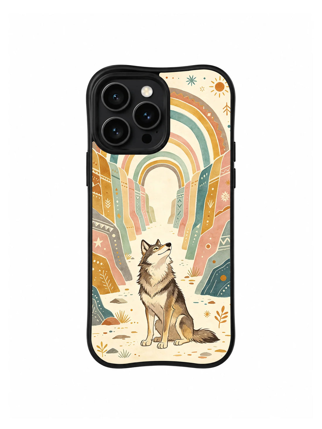 Black iPhone case with a seated wolf-like animal beneath layered rainbow arches and small folk-art marks