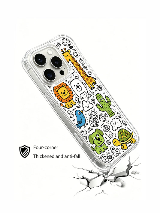 Kawaii iPhone 15 Pro Case with monster zoo doodles
