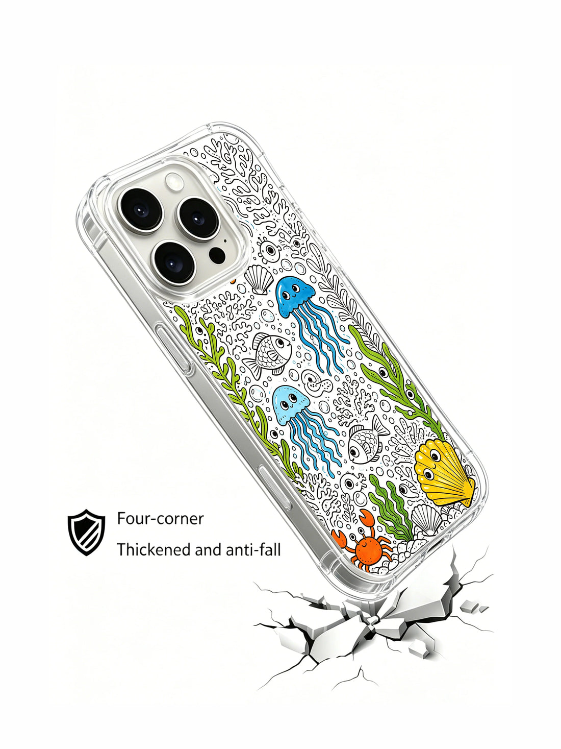 Kawaii iPhone 15 Pro Case with underwater doodles