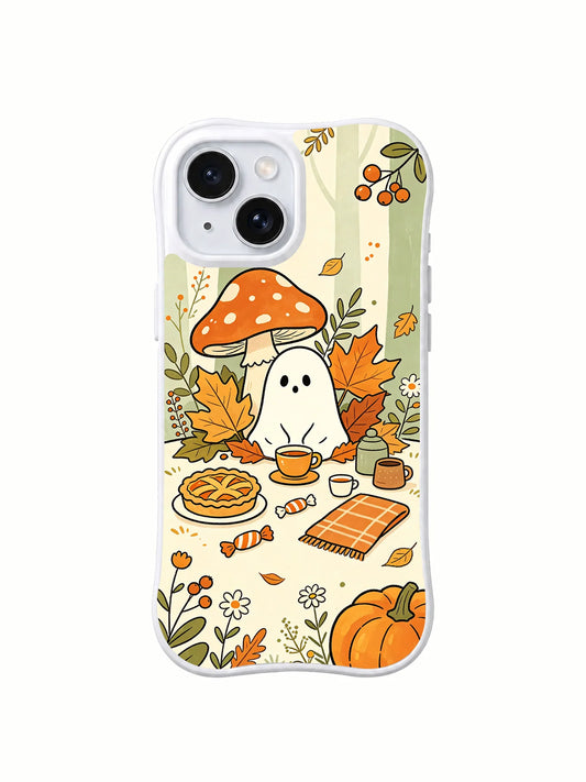Clear iPhone 14 case with a white ghost under a red mushroom cap among pumpkins, autumn leaves, tea, pie, and books