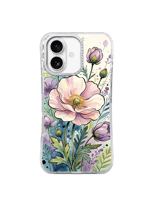 Clear iPhone 17 case with one large pale pink poppy, purple buds, blue-green stems, and meadow leaves