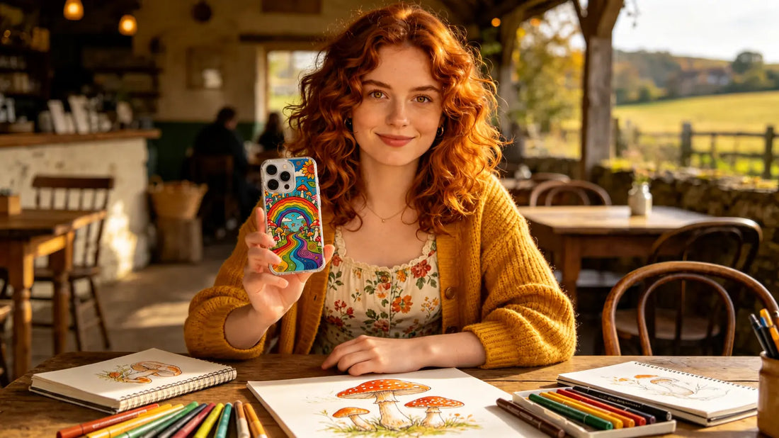 A mirror selfie showing a person wearing a dark academia wool trench coat, holding a premium smartphone with Violet Hart's gothic art phone case.