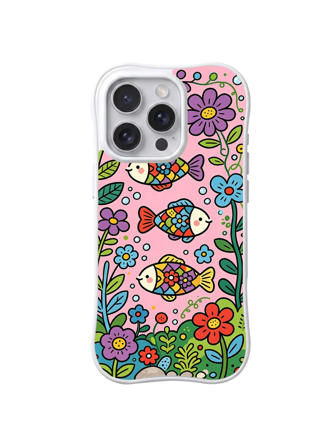 Clear iPhone 14 Pro case with three colorful patterned fish among purple, blue, red, and yellow garden flowers on pink