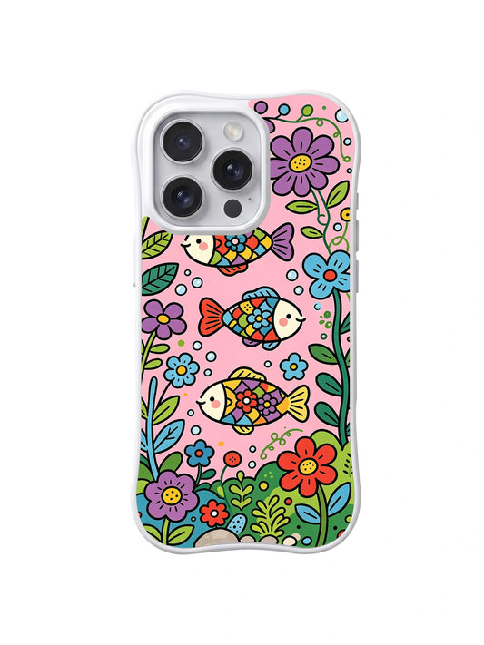 Clear iPhone 14 Pro case with three colorful patterned fish among purple, blue, red, and yellow garden flowers on pink