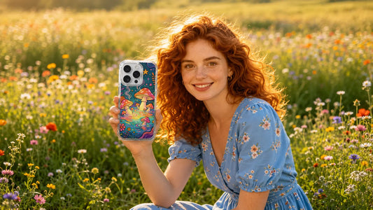 A person dressed in a minimalist linen shirt holding an iPhone 16 Pro Max with Akira Koi's abstract zen artwork phone case while relaxing in a sunlit room.