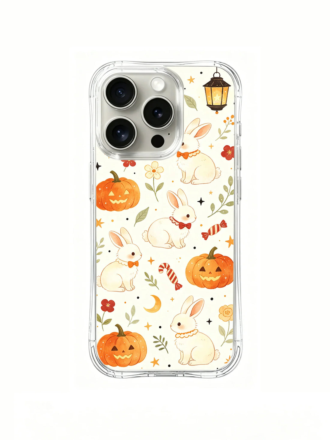 Clear iPhone 14 Pro case with repeating white bunnies, orange jack-o-lanterns, candy, lanterns, moons, and autumn leaves