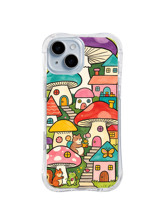 Colorful mushroom houses and tiny village buildings on an iPhone 14 Plus case.