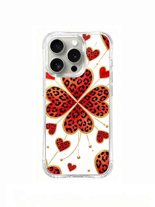 Red leopard-print heart clover with smaller hearts on a clear iPhone 16 Pro case.