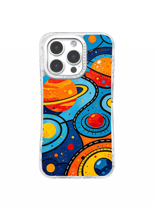 Colorful orange, yellow, and red planets with orbital rings on a blue iPhone 16 Pro Max case.