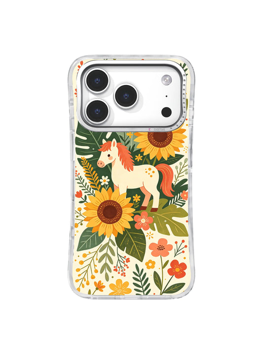Clear iPhone 17 Pro case with a small cream pony surrounded by large sunflowers, orange blossoms, broad green leaves, and fine meadow stems