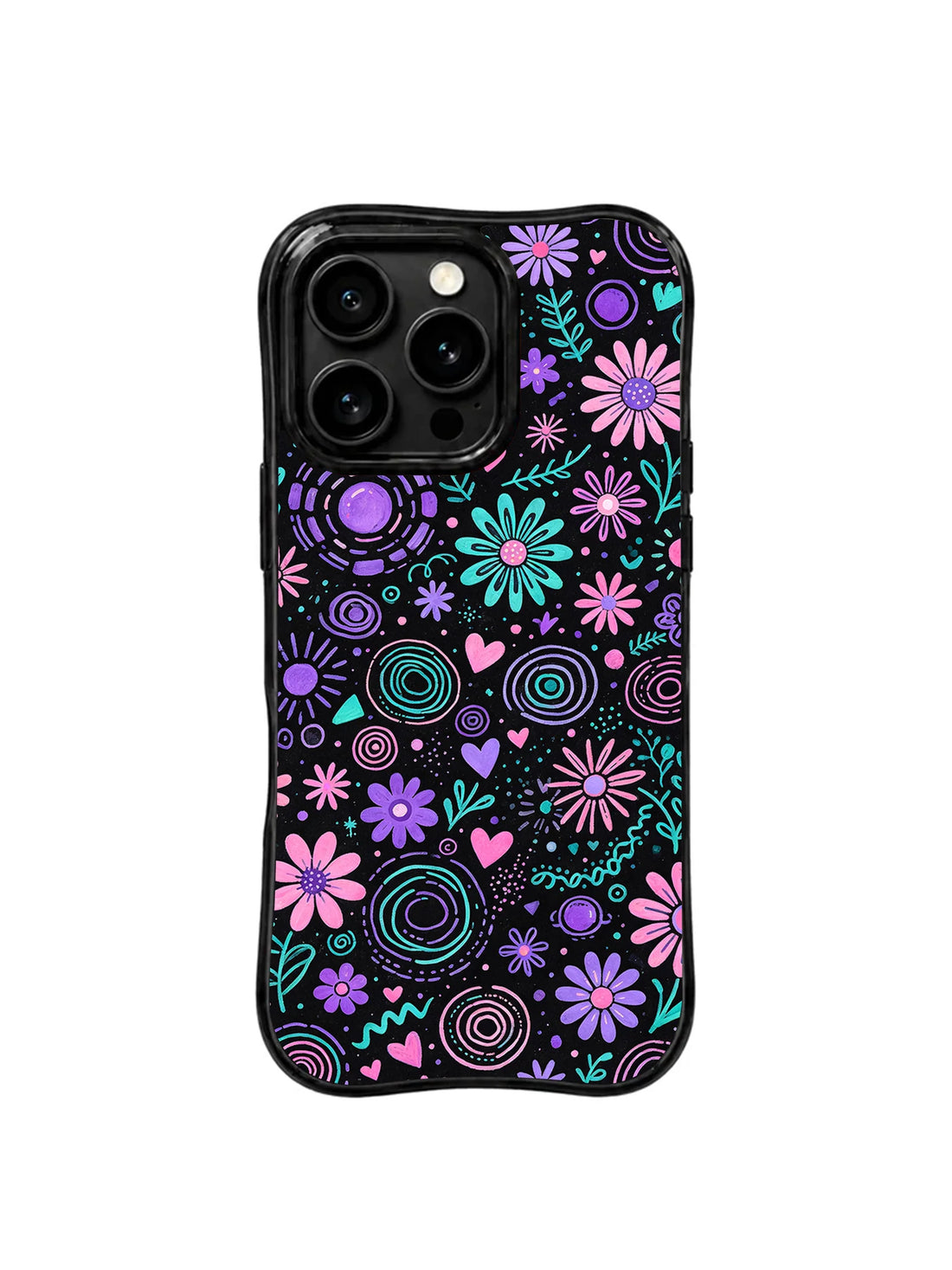 Purple, teal, and pink daisies on a black iPhone 16 Pro case.