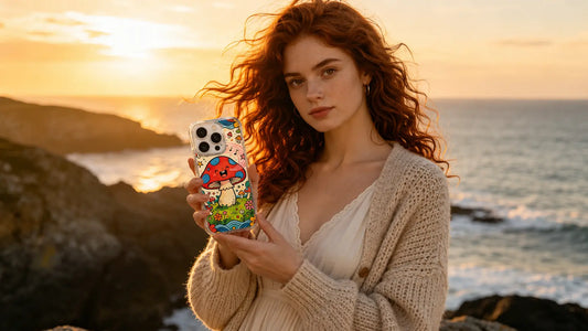 A luxury smartphone wearing a modern fashion illustration phone case with elegant feminine silhouettes and warm retro chic colors by artist Sophie Bloom.